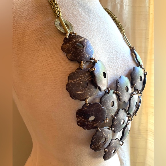 Sweet Olive Lightweight Coconut Shell and Brass Bib Necklace - Picture 5 of 6
